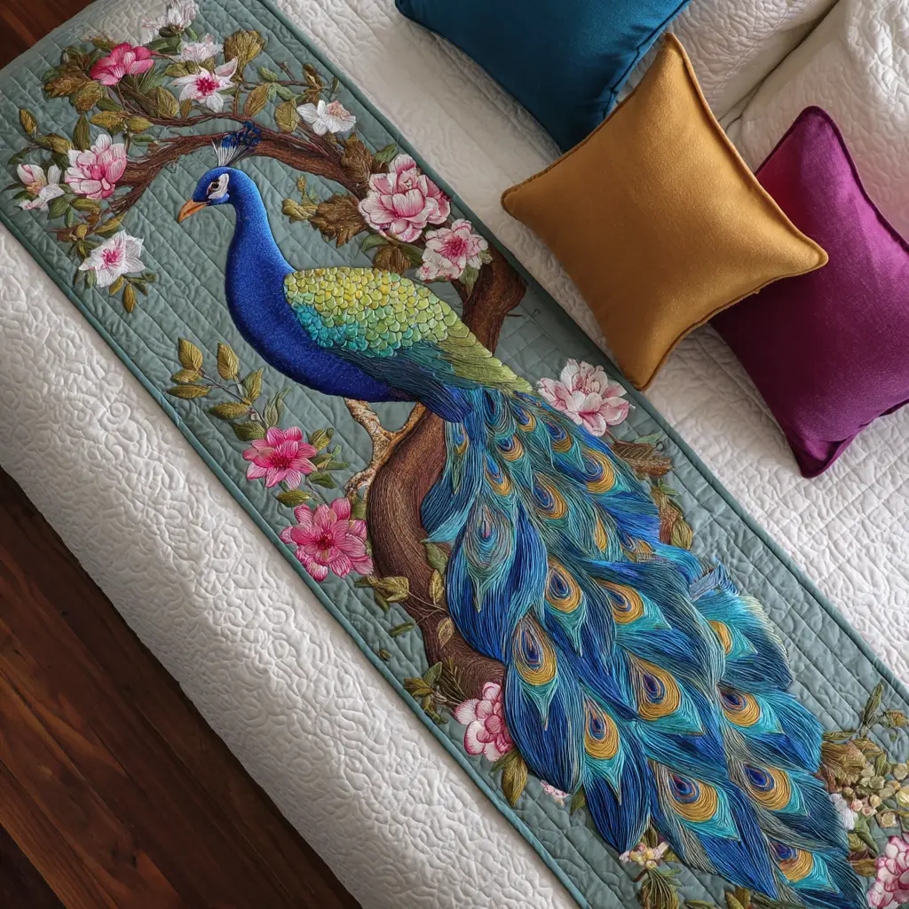 Peacock Bliss Quilted Bed Runner Peacock Bliss Elegant Home Gift