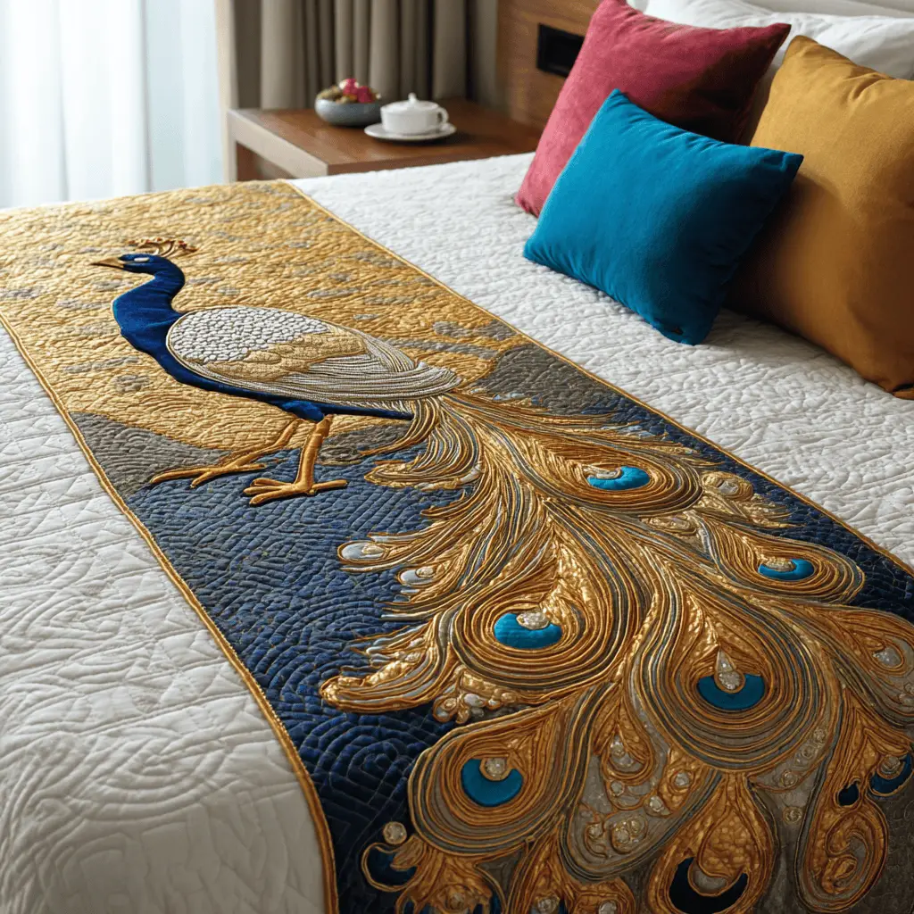 Peacock Feather Quilted Bed Runner Elegant Peacock Theme Gift for Wife
