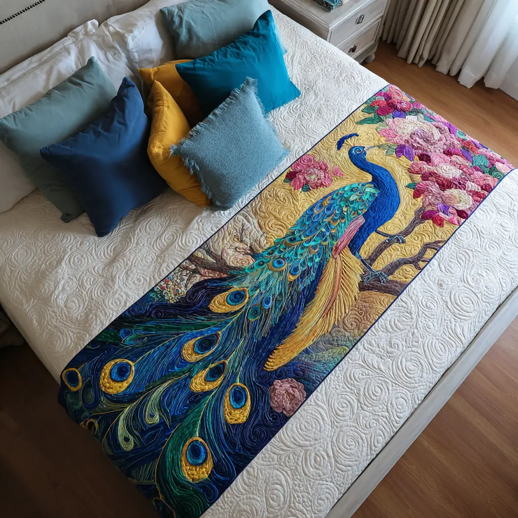 Peacock Glow Quilted Bed Runner Peacock Glow Colors Elegant Gift for Wife