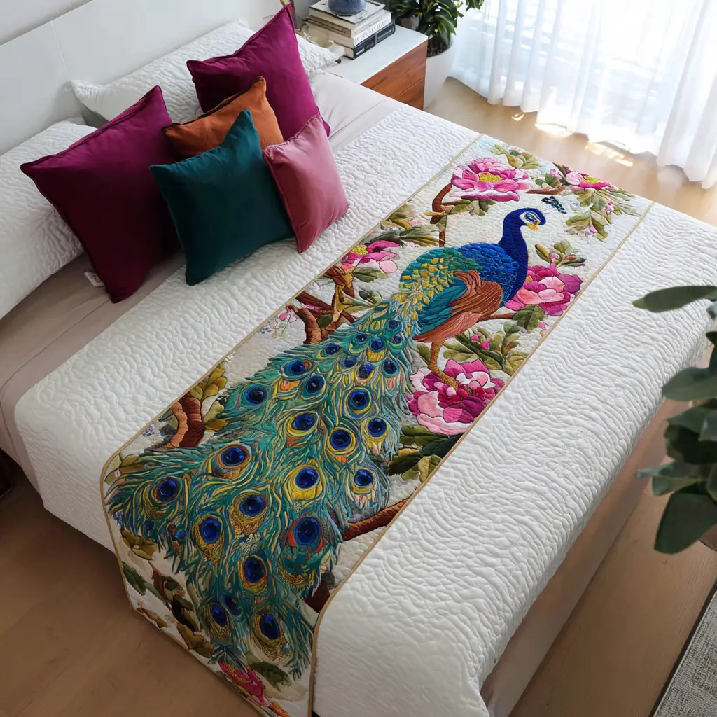 Peacock Grace Quilted Bed Runner Graceful Peacock Style Gift for Bird Lovers