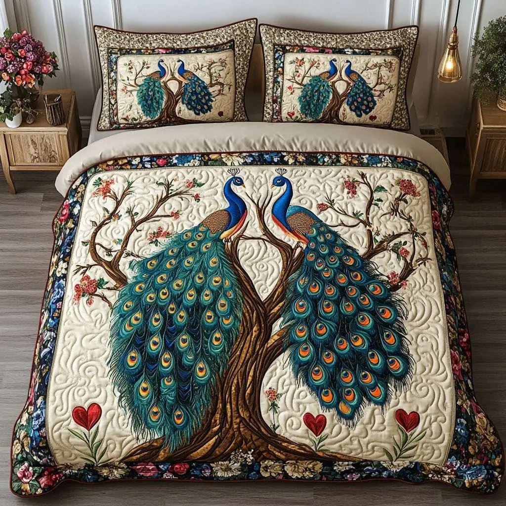Peacock Majestic Pair Quilted Bedding Set Valentine Day Present For Peacock Lovers Peacock Majestic Pair Quilted Bedding Set Valentine Day Present For Peacock Lovers - Image 1