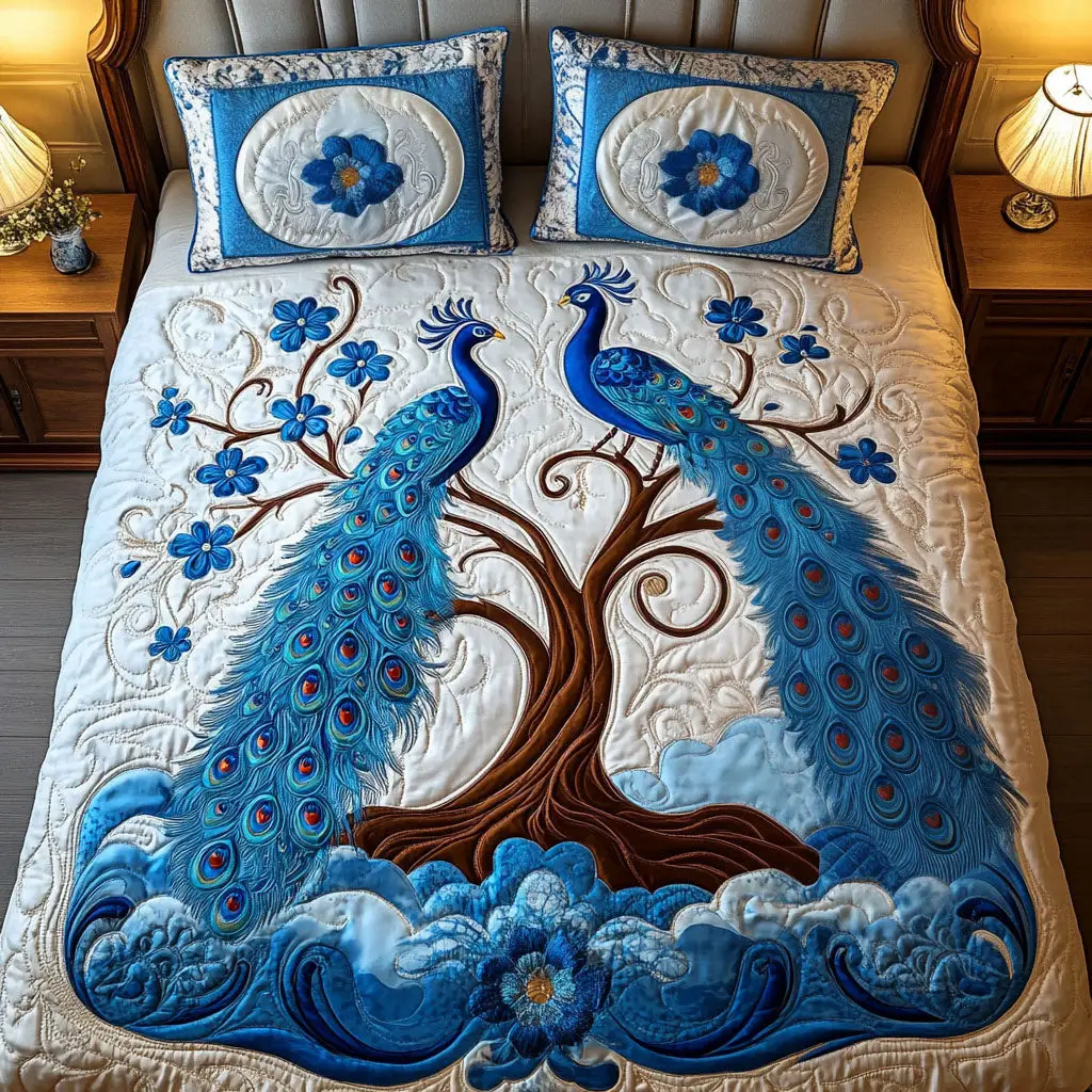 Peacock Quilted Bedding Set Blue Blossoms Duvet Cover Valentine Day Ideas For Peacock Lovers