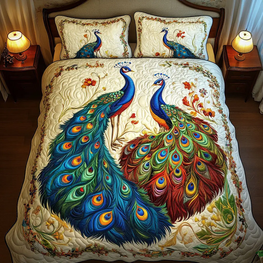 Peacock Radiant Elegance Quilted Bedding Set Good Family Valentine Day Present