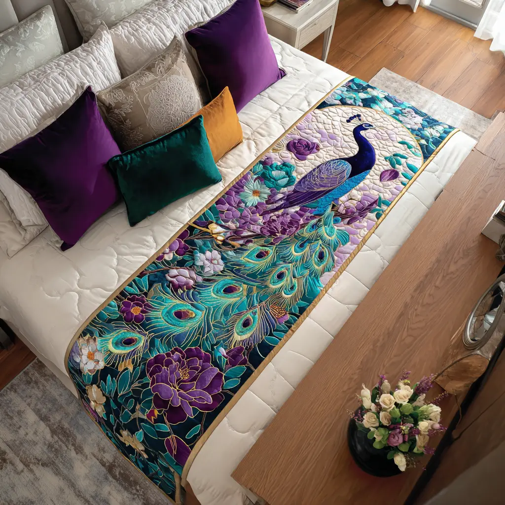 Peacock Whirl Quilted Bed Runner Peacock Whirl Colorful Gift