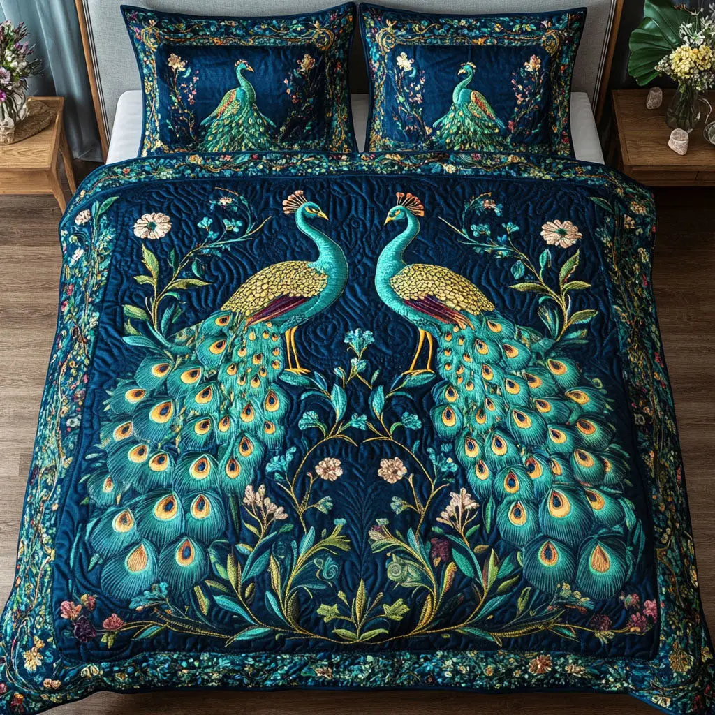 Peacocks Golden Quilted Bedding Set Good Valentine Day Presents For Mother In Law