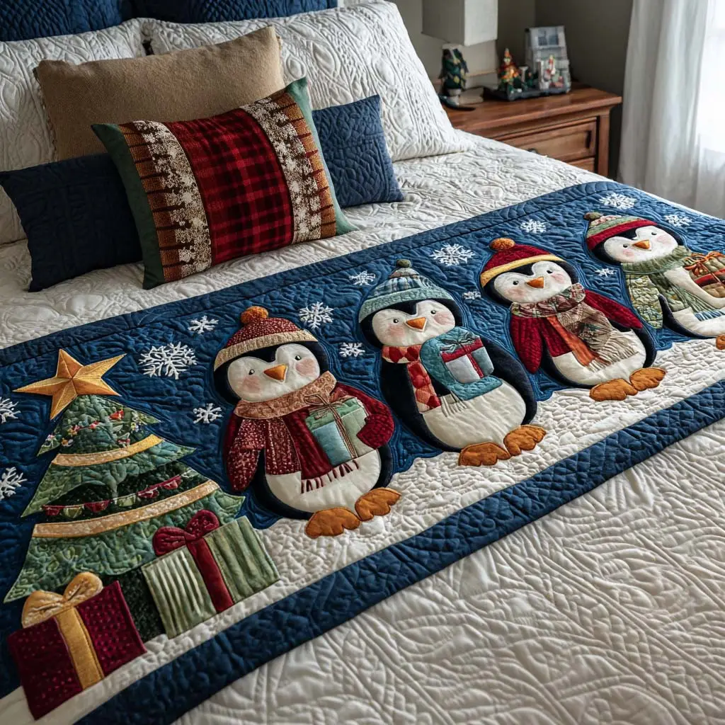 Penguin Cheer Quilted Bed Runner Penguin Cheer Christmas Gift