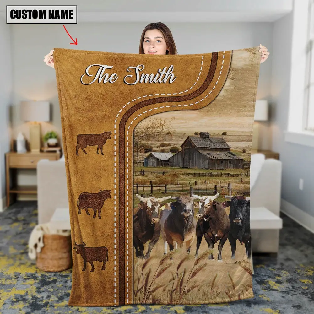 Personalized American Bucking Bulls In Field Farmhouse Blanket Gift For Whole Family