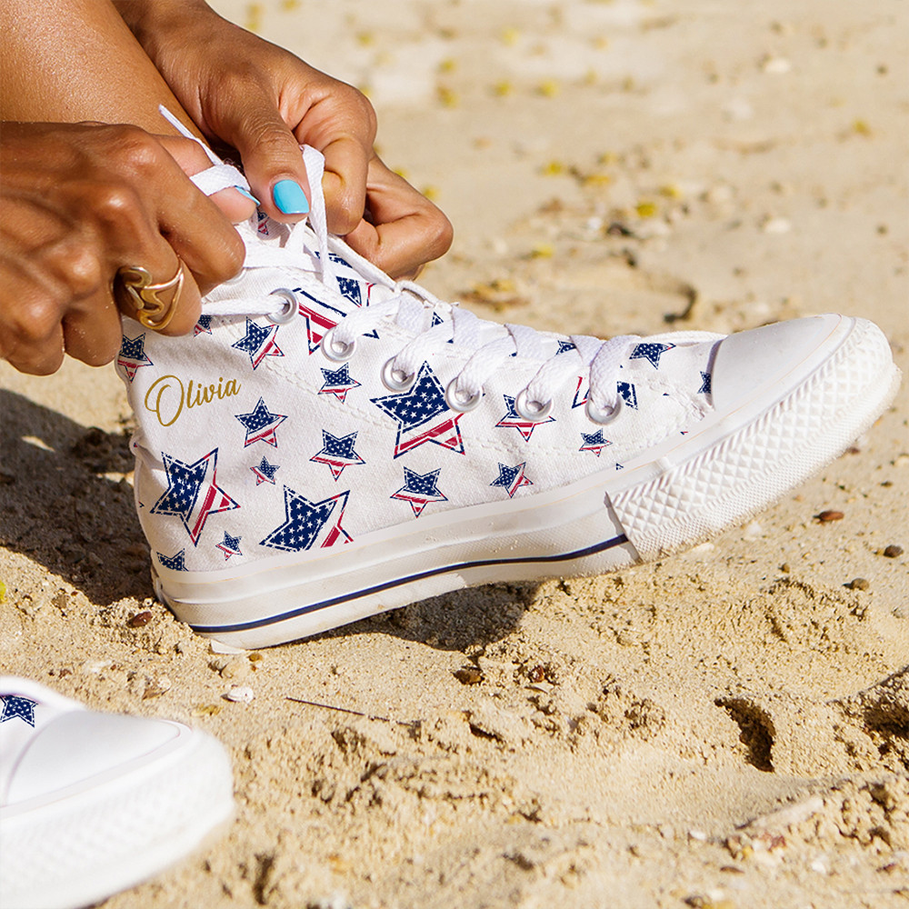 Personalized American Flag Stars High Top Shoes USA Patriotic Shoes 4th Of July Gifts
