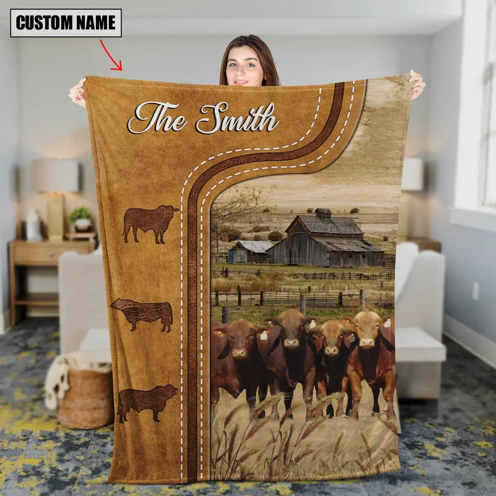 Personalized Beefmaster Cattle In Field Farmhouse Blanket Family Holiday Gifts