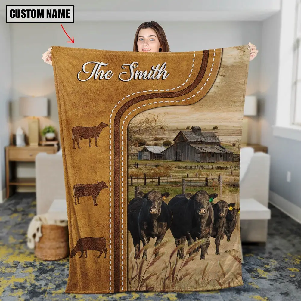 Personalized Black Angus Cattle In Field Farmhouse Blanket Family Holiday Gifts