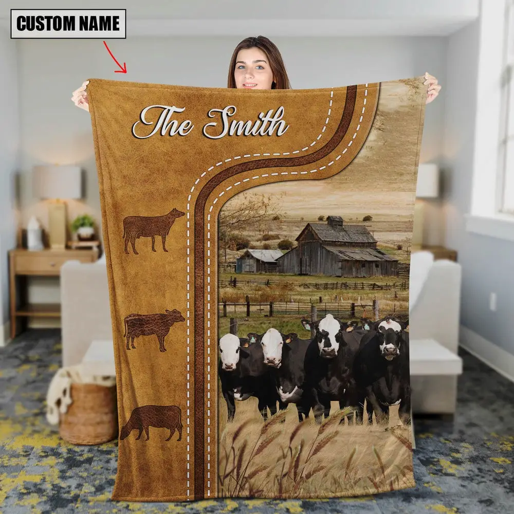 Personalized Black Baldy Cattle In Field Farmhouse Blanket Family Holiday Gifts
