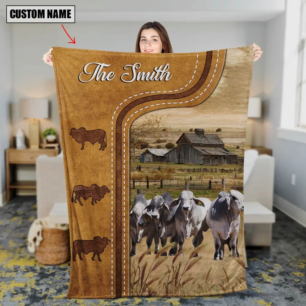 Personalized Brahman Cattle In Field Farmhouse Blanket Family Holiday Gifts