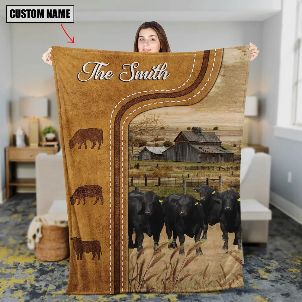 Personalized Brangus Cattle In Field Farmhouse Blanket Family Holiday Gifts