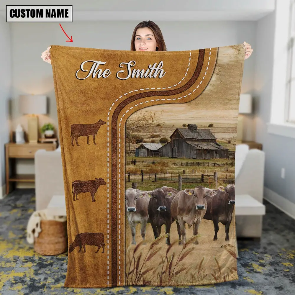 Personalized Brown Swiss Cattle In Field Farmhouse Blanket Family Holiday Gifts