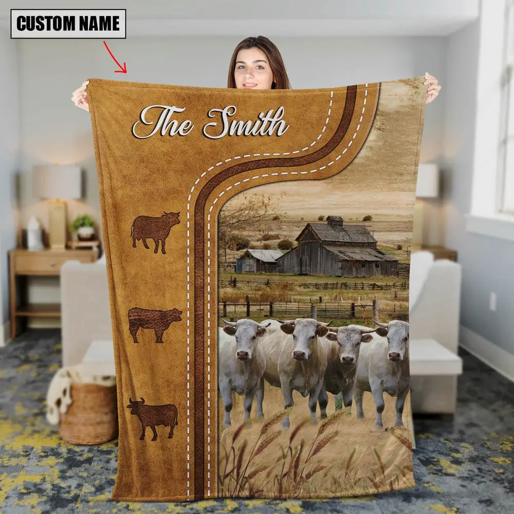 Personalized Charolais Cattle In Field Farmhouse Blanket Family Holiday Gifts
