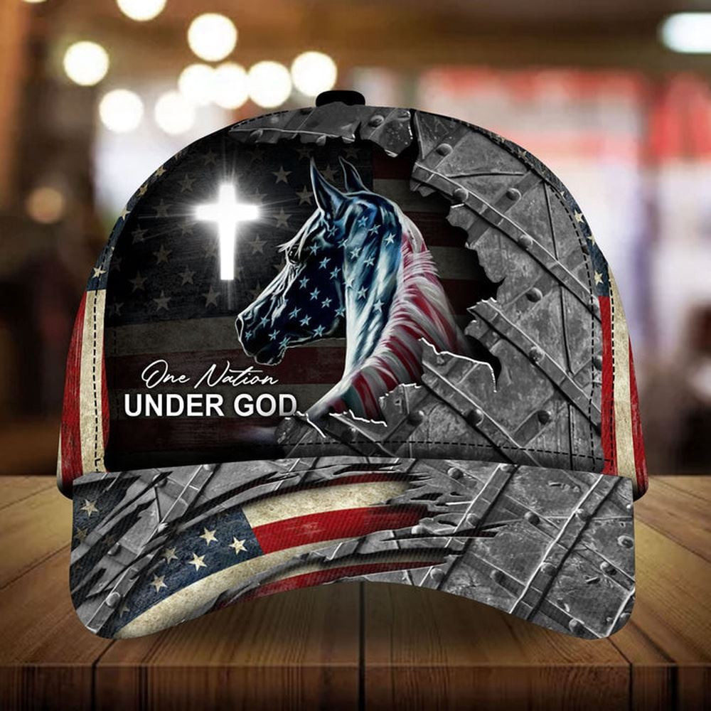 Personalized Cracked Us Flag One Nation Under God Horse Cross American Flag Cap Farmer Baseball Cap
