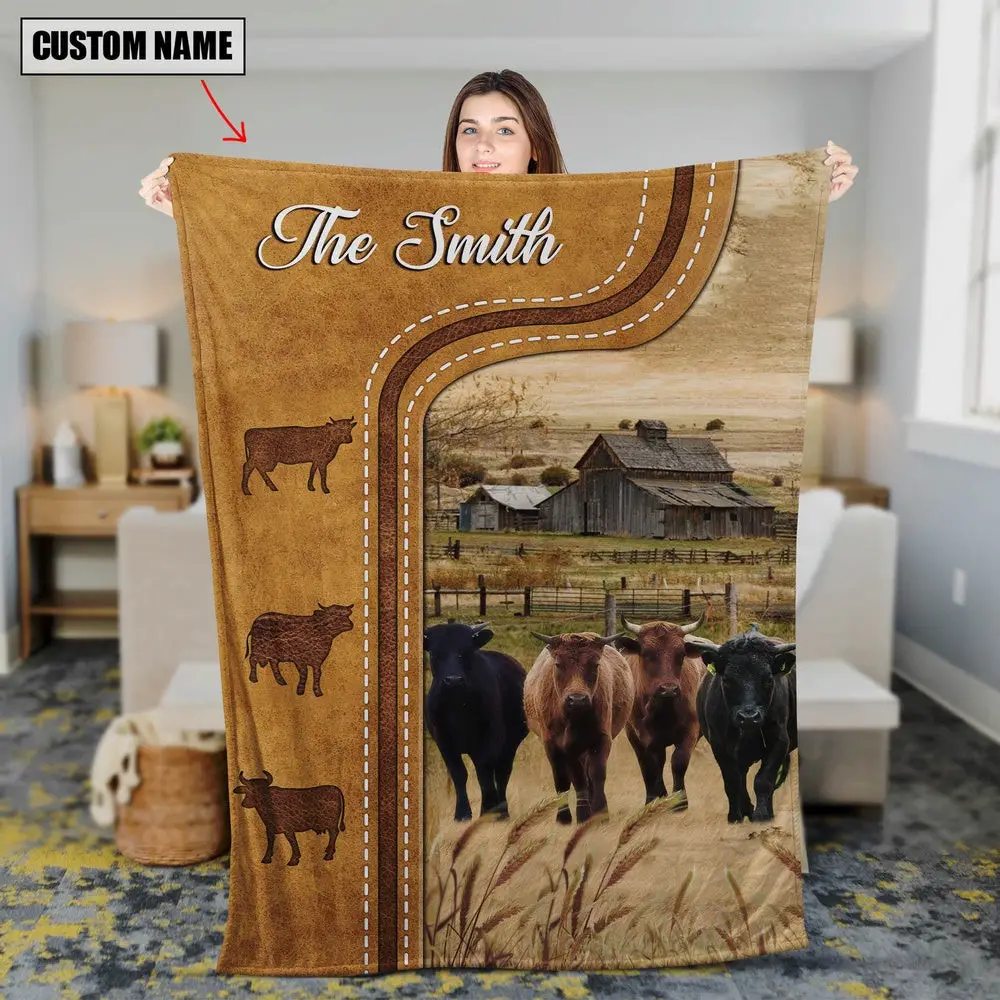 Personalized Dexter Cattle In Field Farmhouse Blanket Family Holiday Gifts