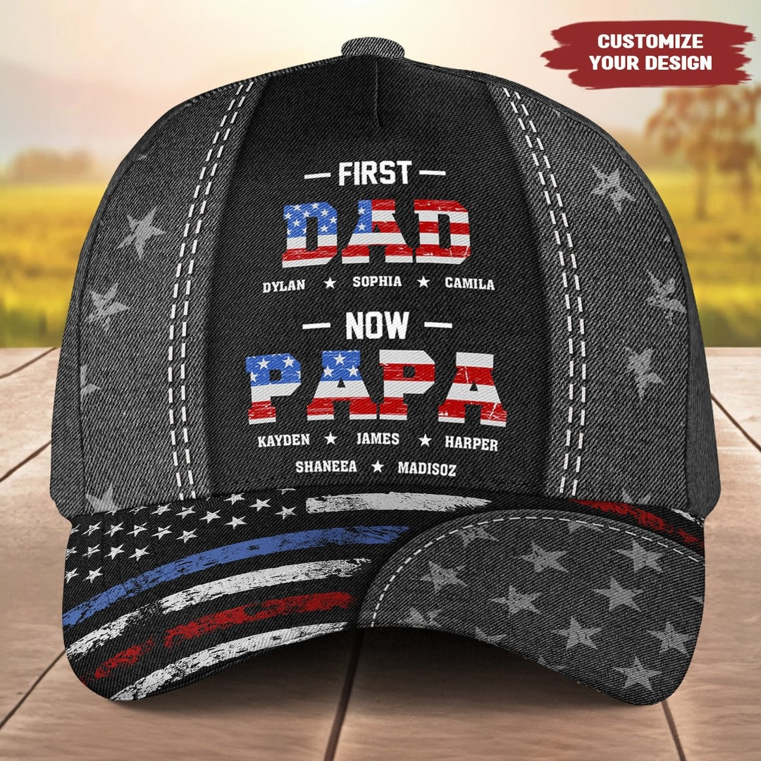 Personalized First Dad Now Papa Hat American Flag Patriotic Cap Merch Father's Day Gifts