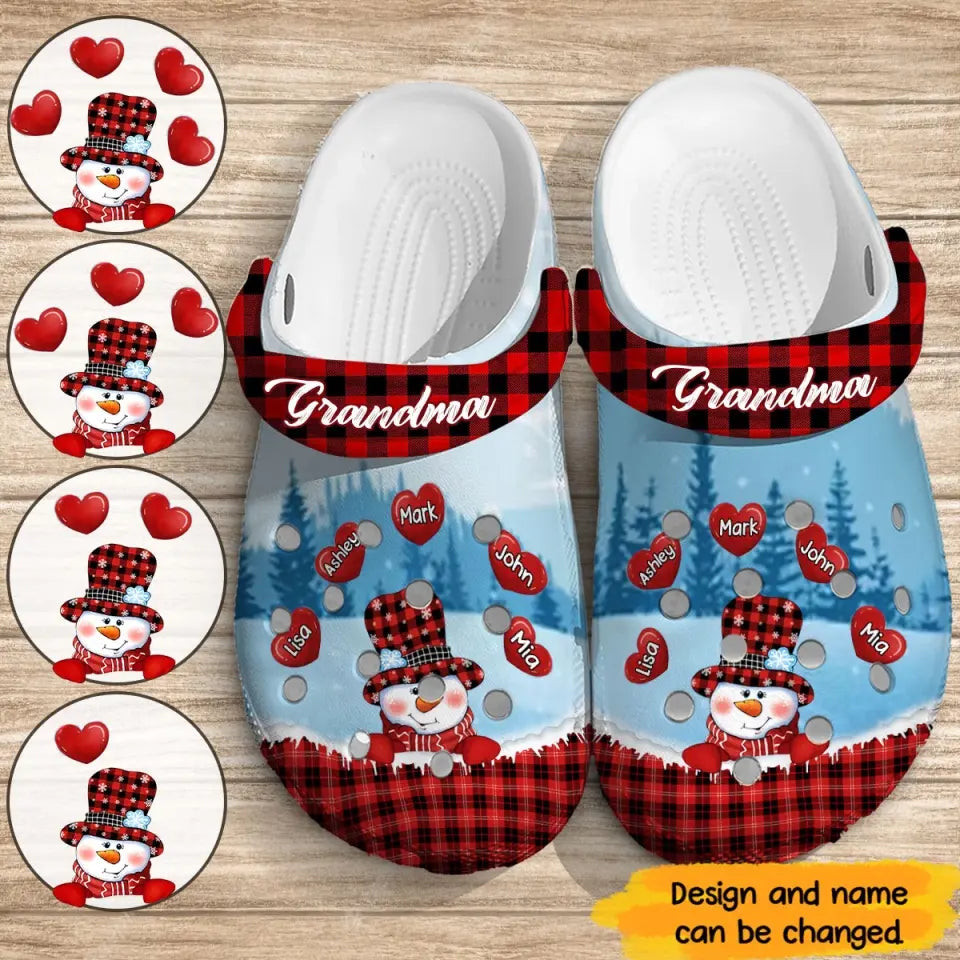 Personalized Grandma Snowman Hearts With Kid Names Clogs Slipper Shoes Good Mothers Day Gifts