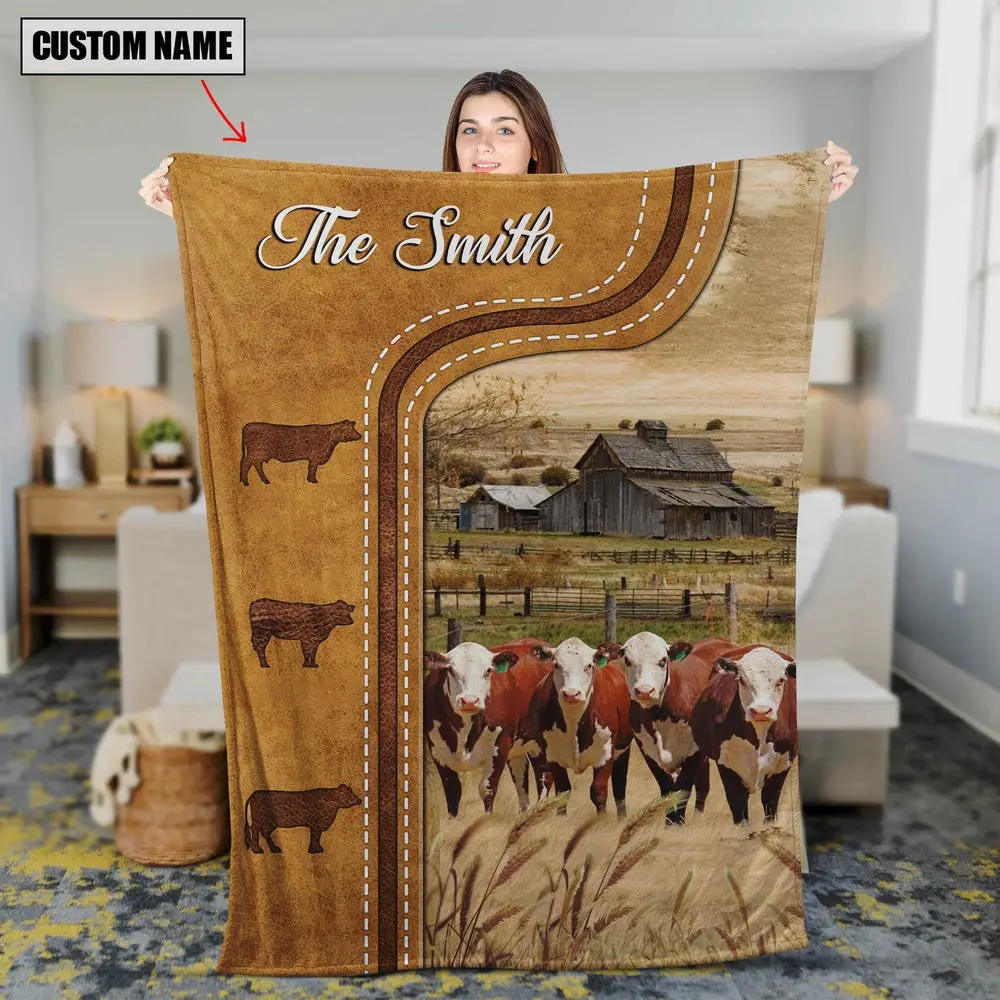 Personalized Hereford Cattle In Field Farmhouse Blanket Family Holiday Gifts