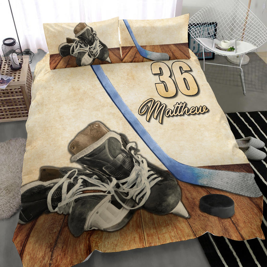 Personalized Hockey Duvet Cover Set Hockey Shoes Stick Player Gift Vintage Beige Duvet Cover Sports Bedding Set Personalized Hockey Duvet Cover Set Hockey Shoes Stick Player Gift Vintage Beige Duvet Cover Sports Bedding Set - Image 1