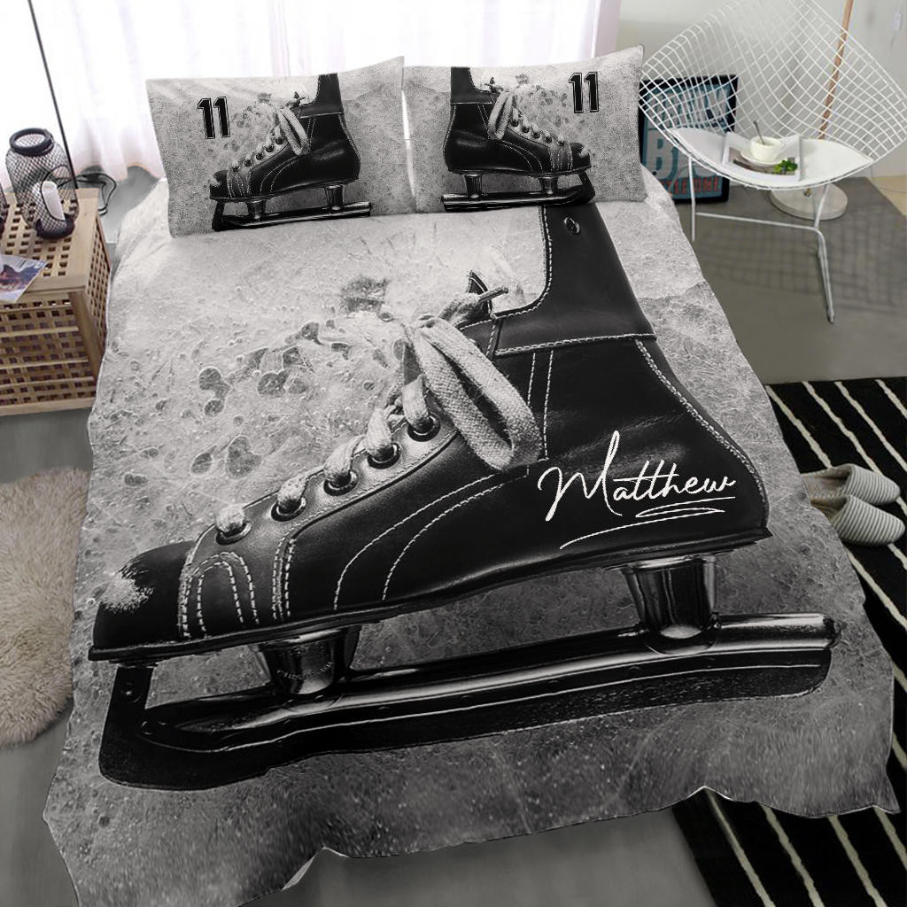 Personalized Hockey Duvet Cover Set Hockey Skate Shoes Player Gift Vintage Grey Duvet Cover Sports Bedding Set
