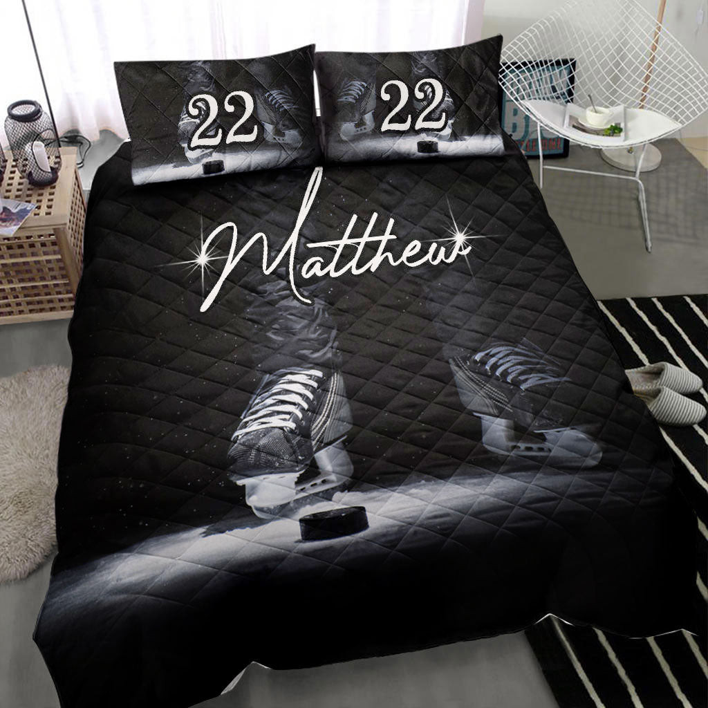 Personalized Hockey Quilt Bedding Set Hockey Shoes Skate Black Quilt Custom Name and Number Duvet Cover Set