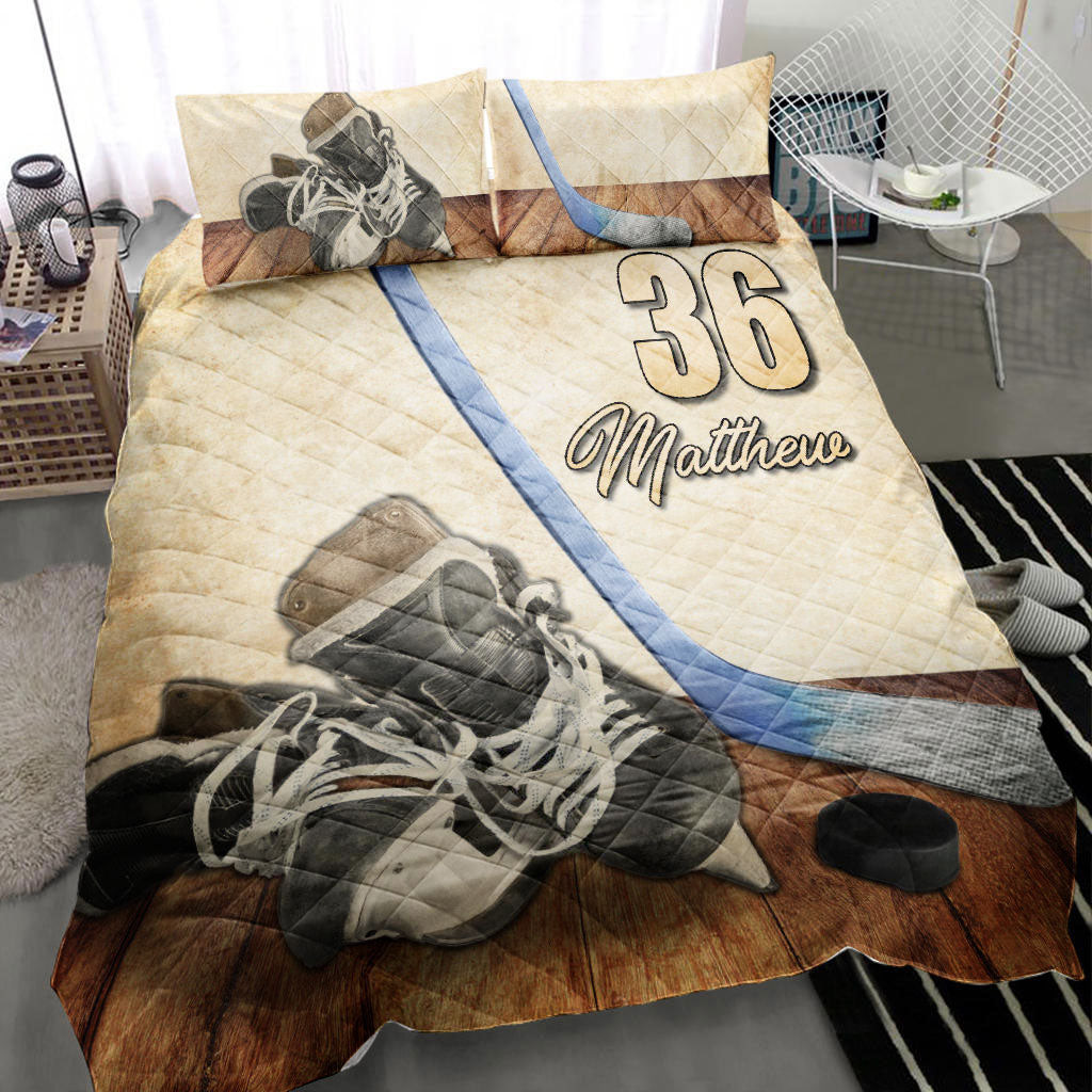 Personalized Hockey Quilt Bedding Set Hockey Shoes Stick Beige Quilt Custom Name and Number Duvet Cover Set Personalized Hockey Quilt Bedding Set Hockey Shoes Stick Beige Quilt Custom Name and Number Duvet Cover Set - Image 1