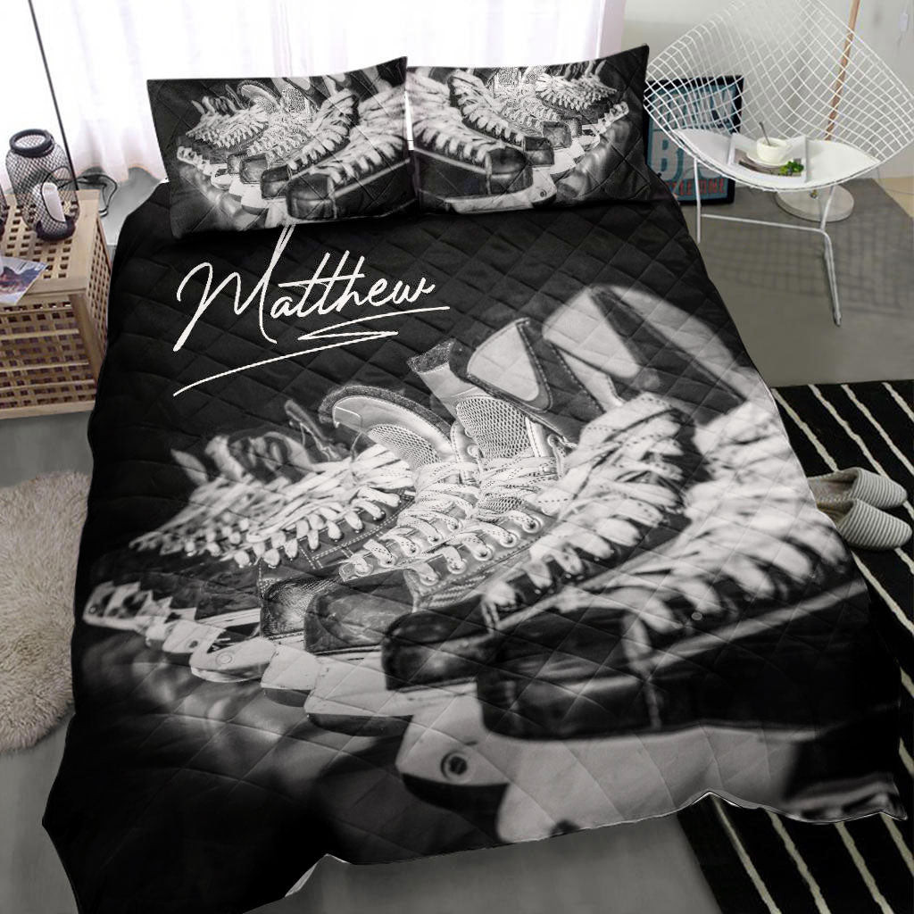 Personalized Hockey Quilt Bedding Set Hockey Skate Shoes Black Custom Name Duvet Cover Set