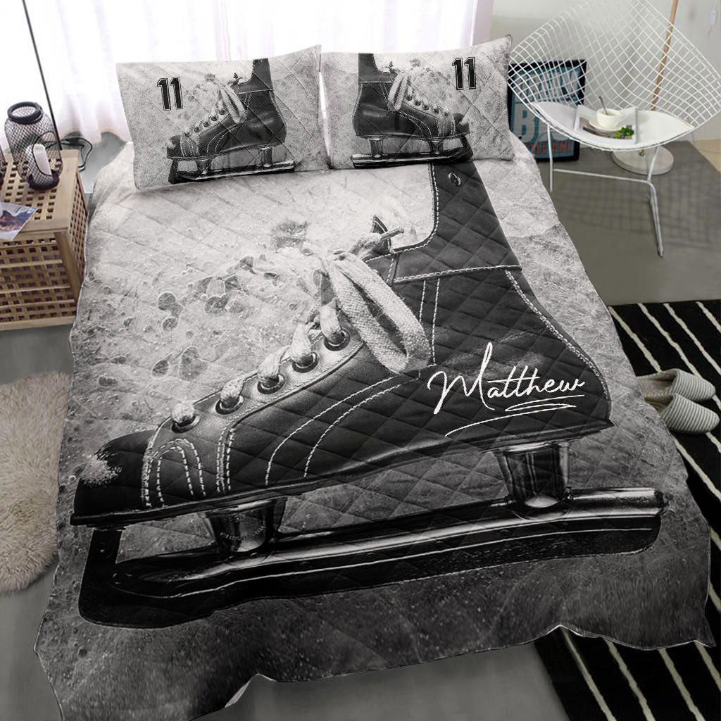 Personalized Hockey Quilt Bedding Set Hockey Skate Shoes Grey Quilt Custom Name and Number Duvet Cover Set
