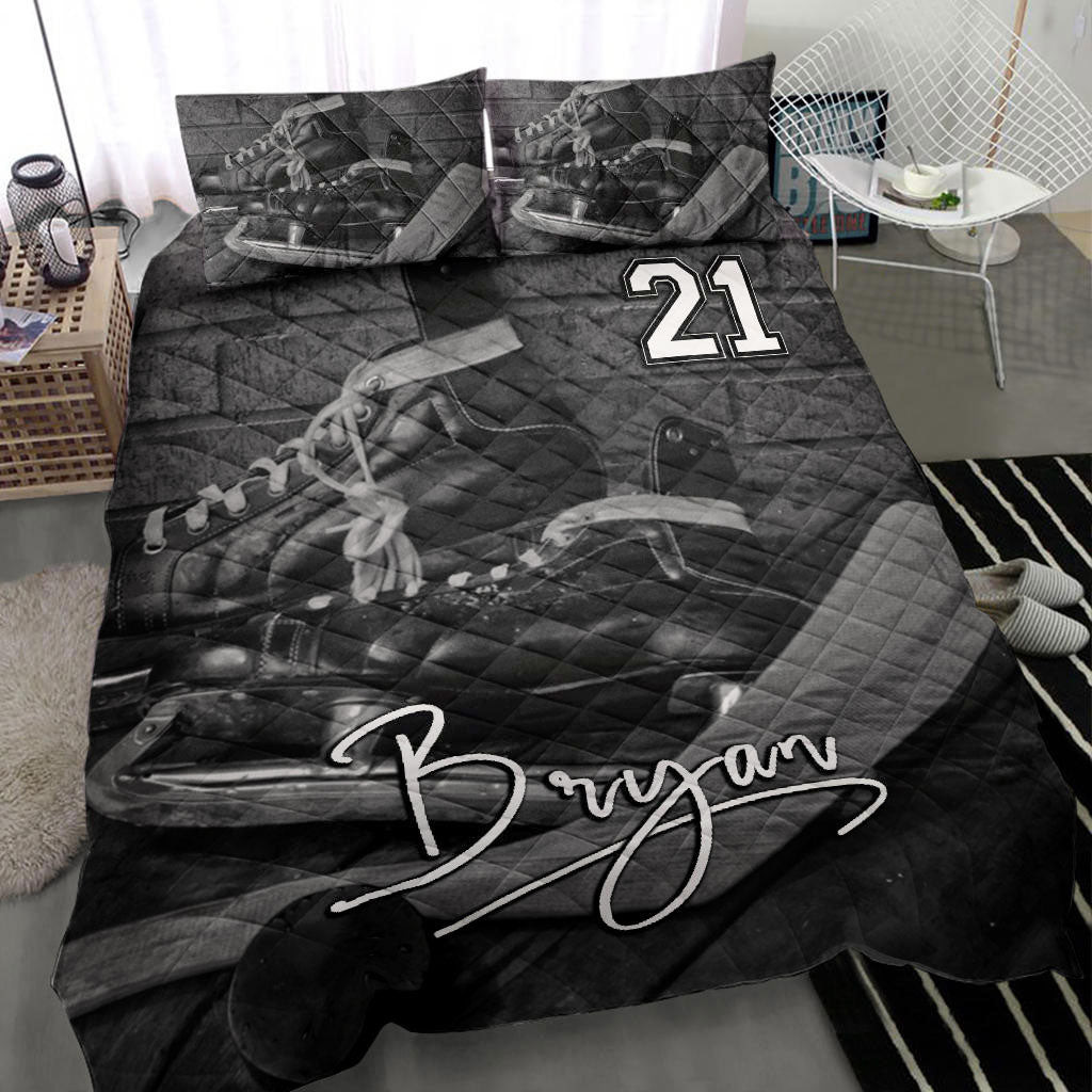 Personalized Hockey Quilt Bedding Set Player Hockey Shoes Stick Black Quilt Custom Name and Number Duvet Cover Set