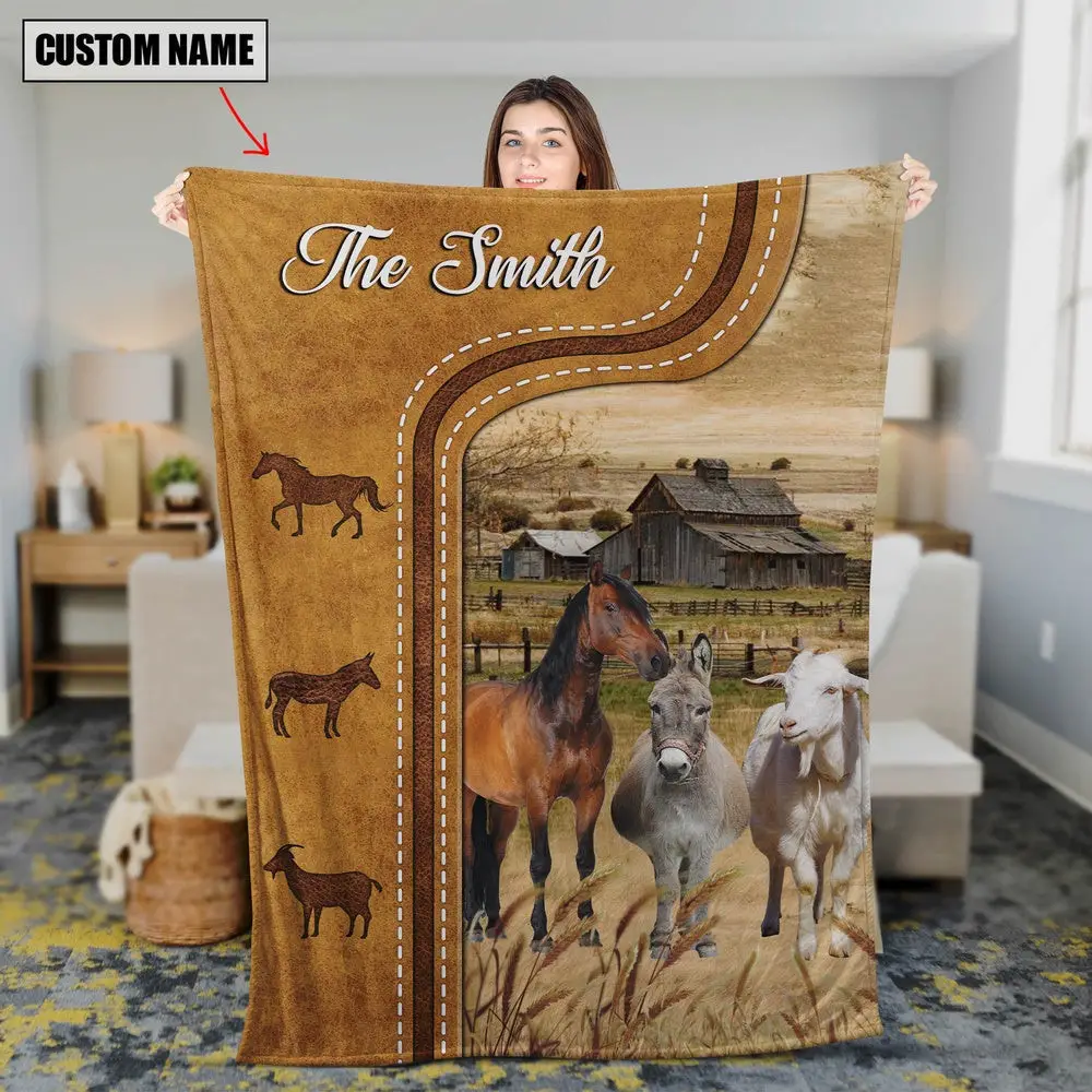 Personalized Horse Donkey and Goat In Field Farmhouse Blanket Family Holiday Gifts