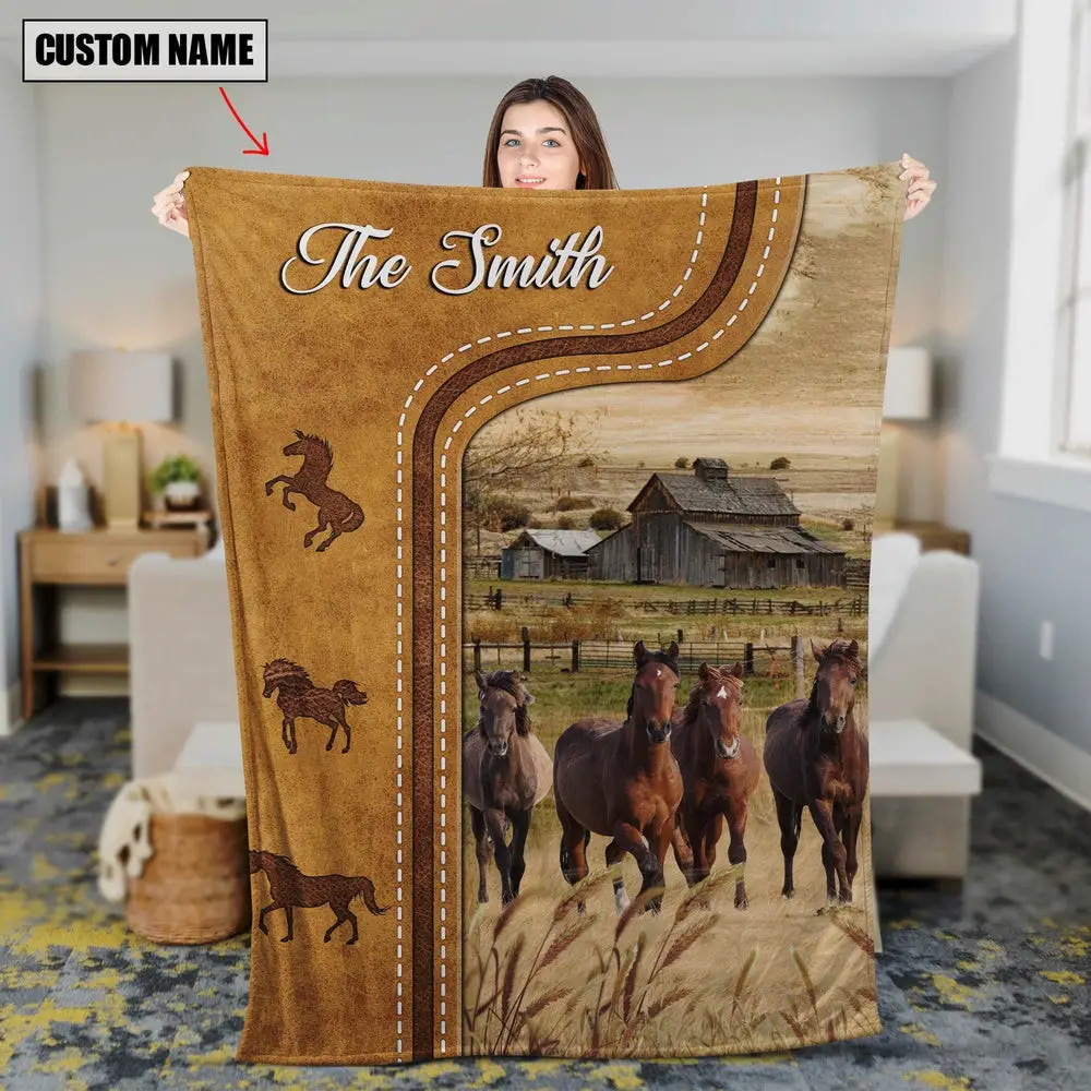 Personalized Horse In Field Farmhouse Blanket Farm Animal Blanket Family Holiday Gifts