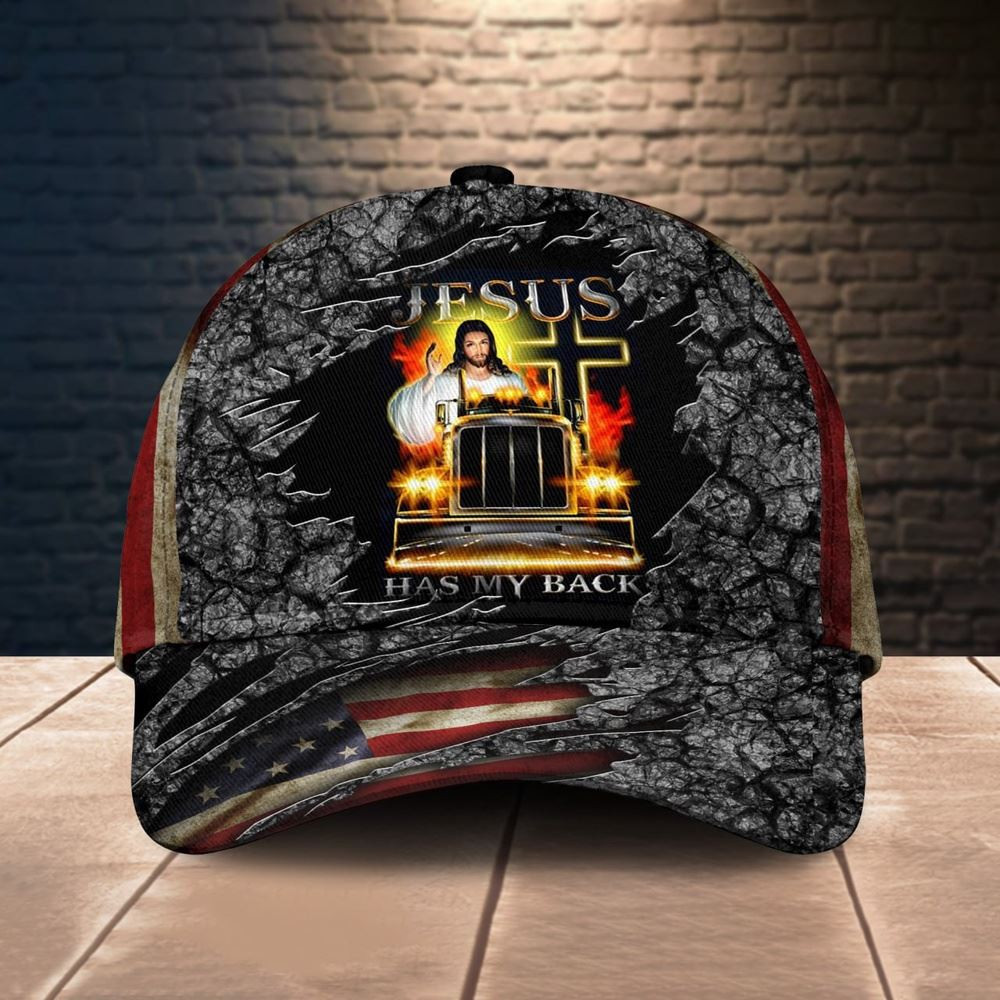 Personalized Jesus Has My Back Trucker Classic Cap 2024 Farm Cap Farmer Baseball Cap