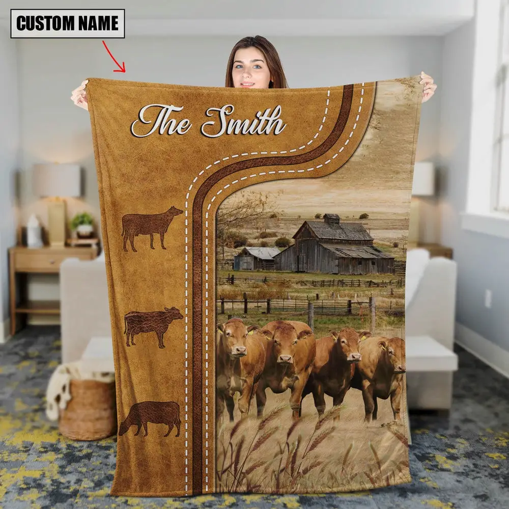 Personalized Limousin Cattle In Field Farmhouse Blanket Family Holiday Gifts