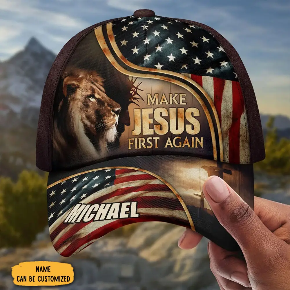 Personalized Lion Make Jesus First Again Hat Faith Based American Flag Hat Christian Gifts Personalized Lion Make Jesus First Again Hat Faith Based American Flag Hat Christian Gifts - Image 1