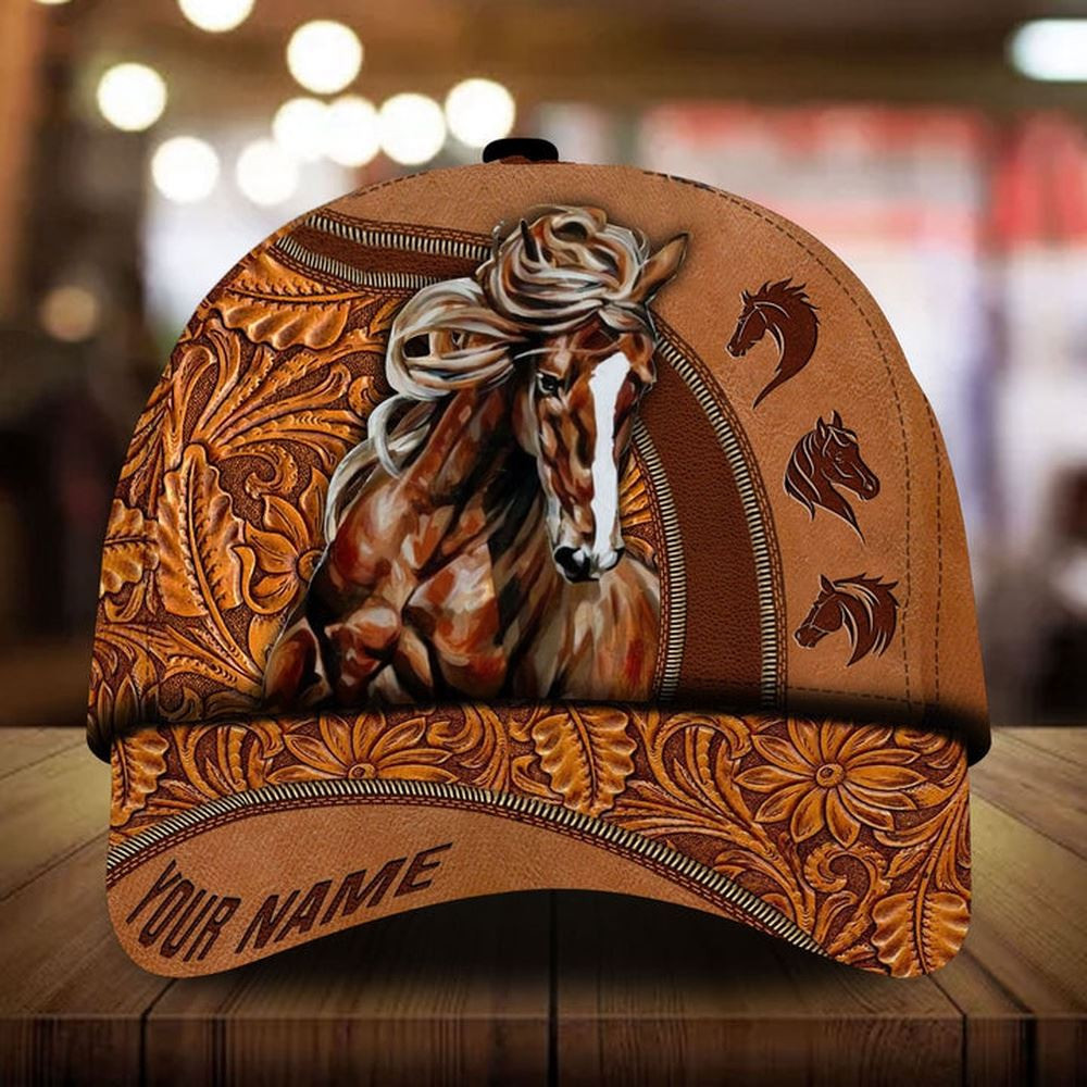 Personalized Love Horse Family Art Leather Flowers Pattern Cap Farm Cap Farmer Baseball Cap