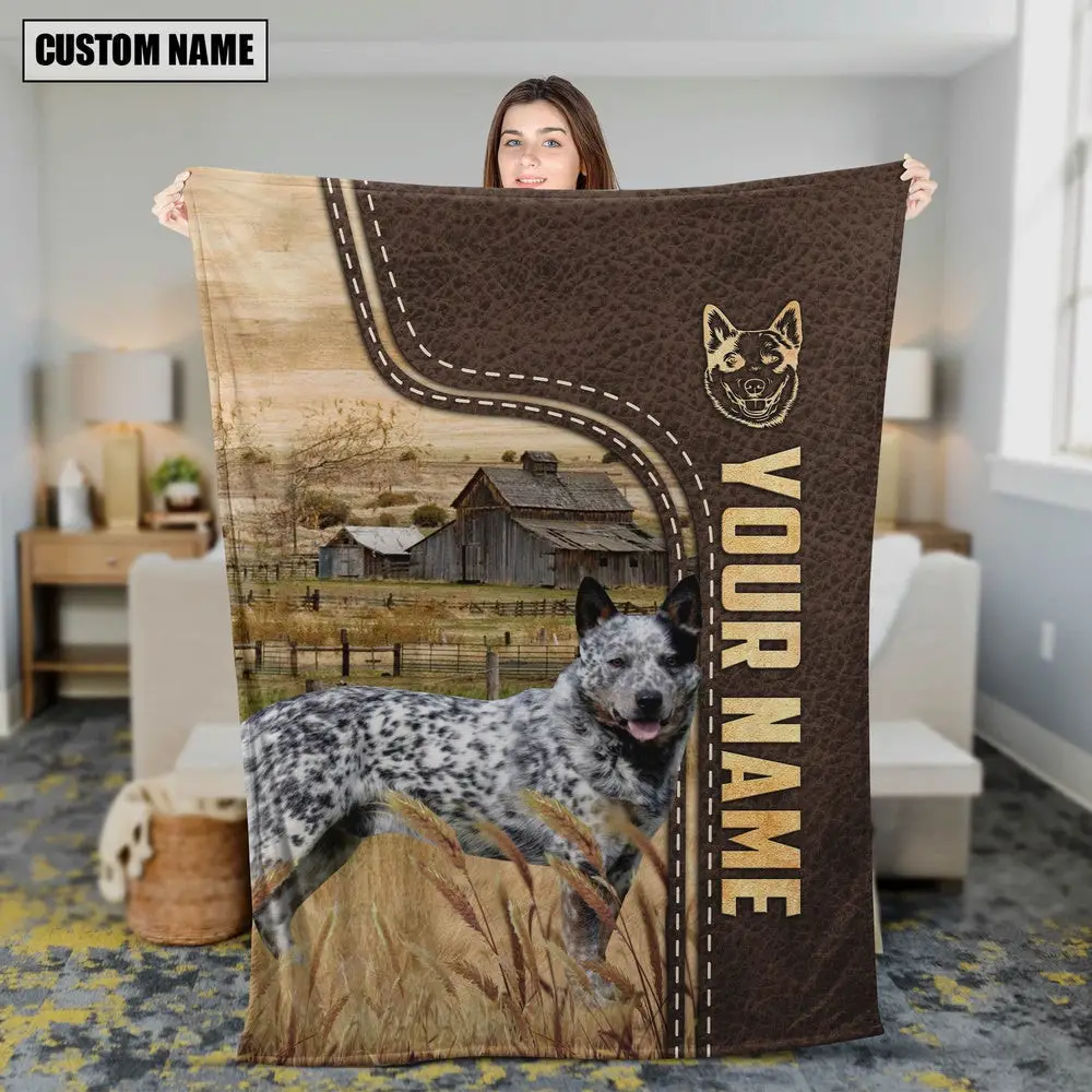 Personalized Name Australian Cattle Dog Leather Pattern Blanket Family Holiday Gifts