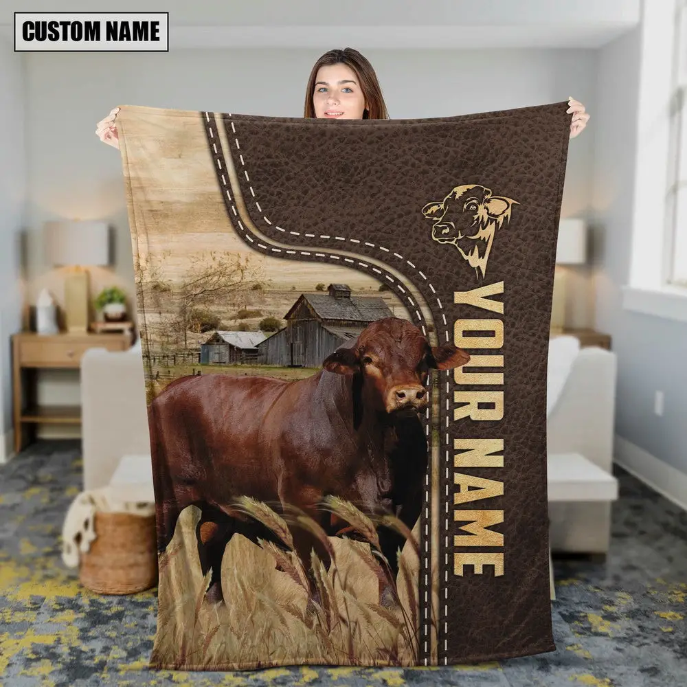 Personalized Name Beefmaster Leather Pattern Blanket Farm Animal Blanket Family Holiday Gifts