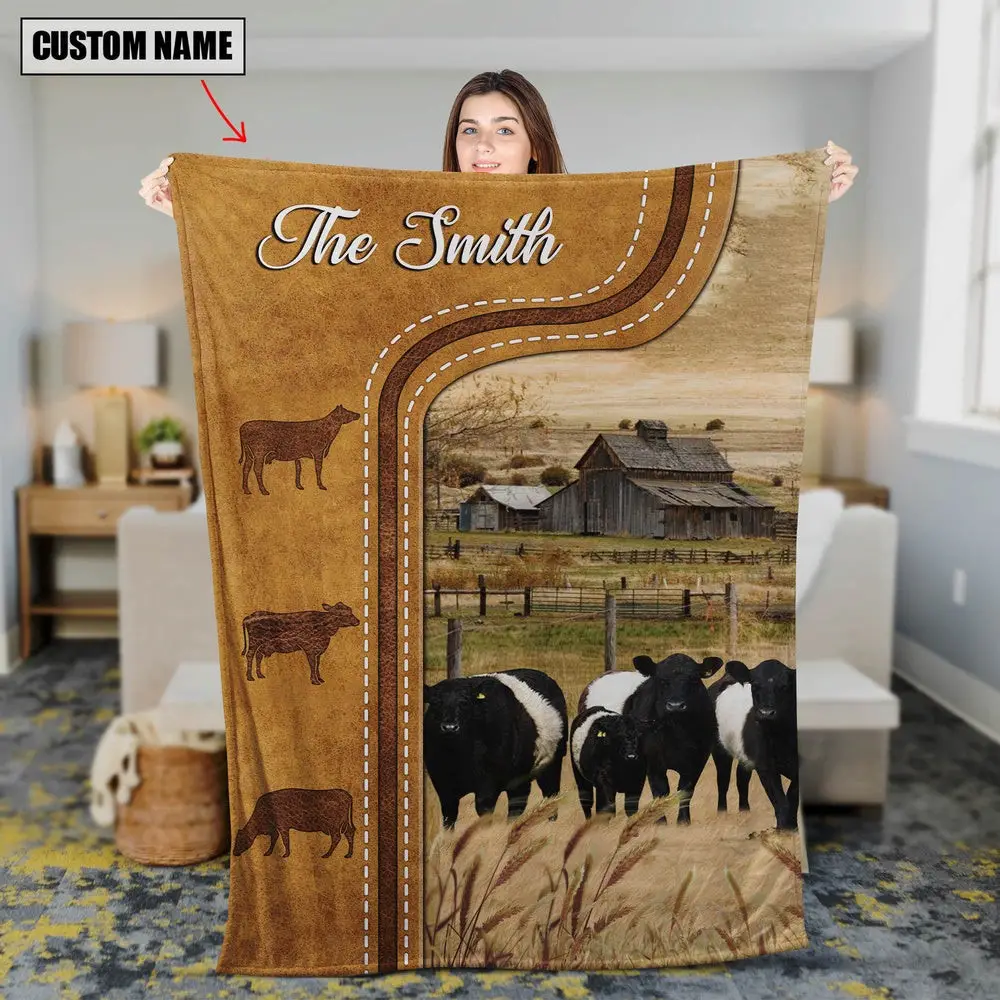 Personalized Name Belted Galloway Cattle In Field Farmhouse Blanket Family Holiday Gifts