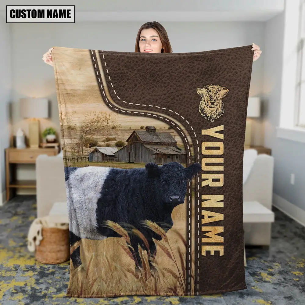 Personalized Name Belted Galloway Leather Pattern Blanket Family Holiday Gifts