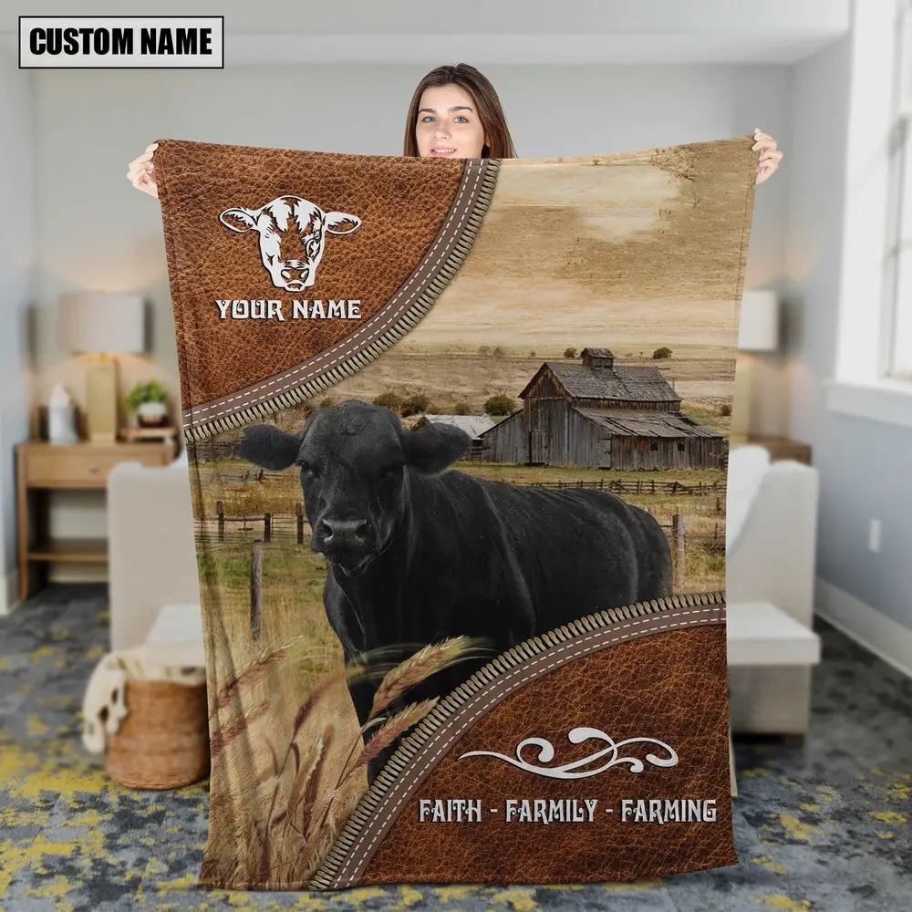 Personalized Name Black Angus Faith Family Farming Blanket Best Gifts For Farmers