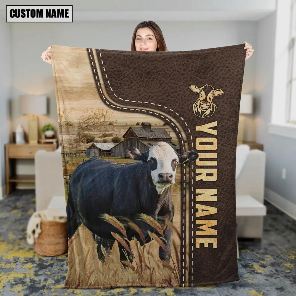 Personalized Name Black Baldy Leather Pattern Blanket Best Gifts For Farmers