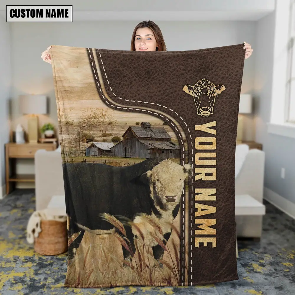 Personalized Name Black Hereford Leather Pattern Blanket Best Gifts For Farmers