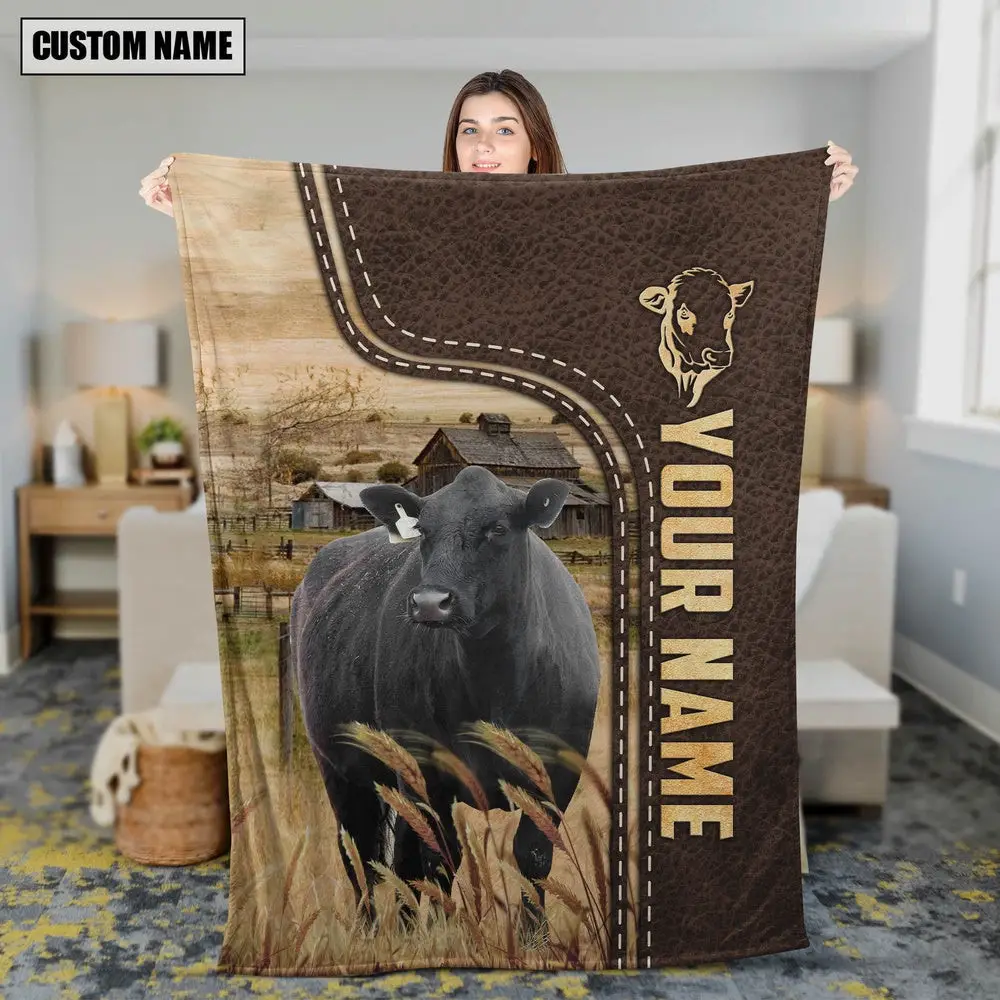 Personalized Name Black Simmental Leather Pattern Blanket Best Gifts For Farmers