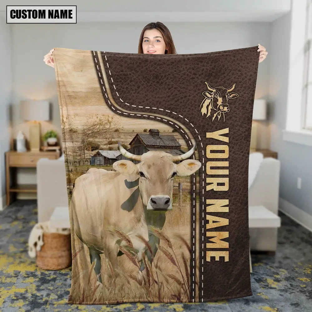 Personalized Name Braunvieh Leather Pattern Blanket Farm Blanket Best Gifts For Farmers