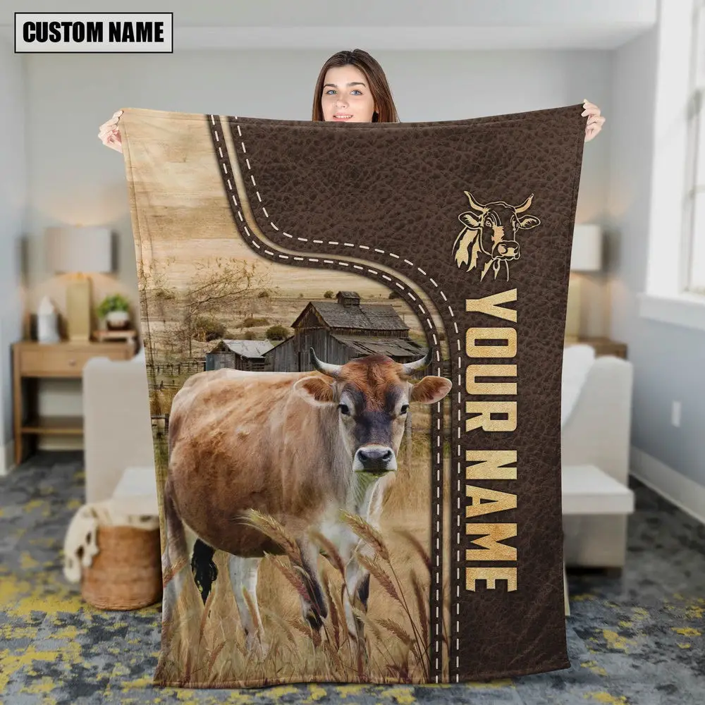 Personalized Name Brown Swiss Leather Pattern Blanket Farm Blanket Best Gifts For Farmers