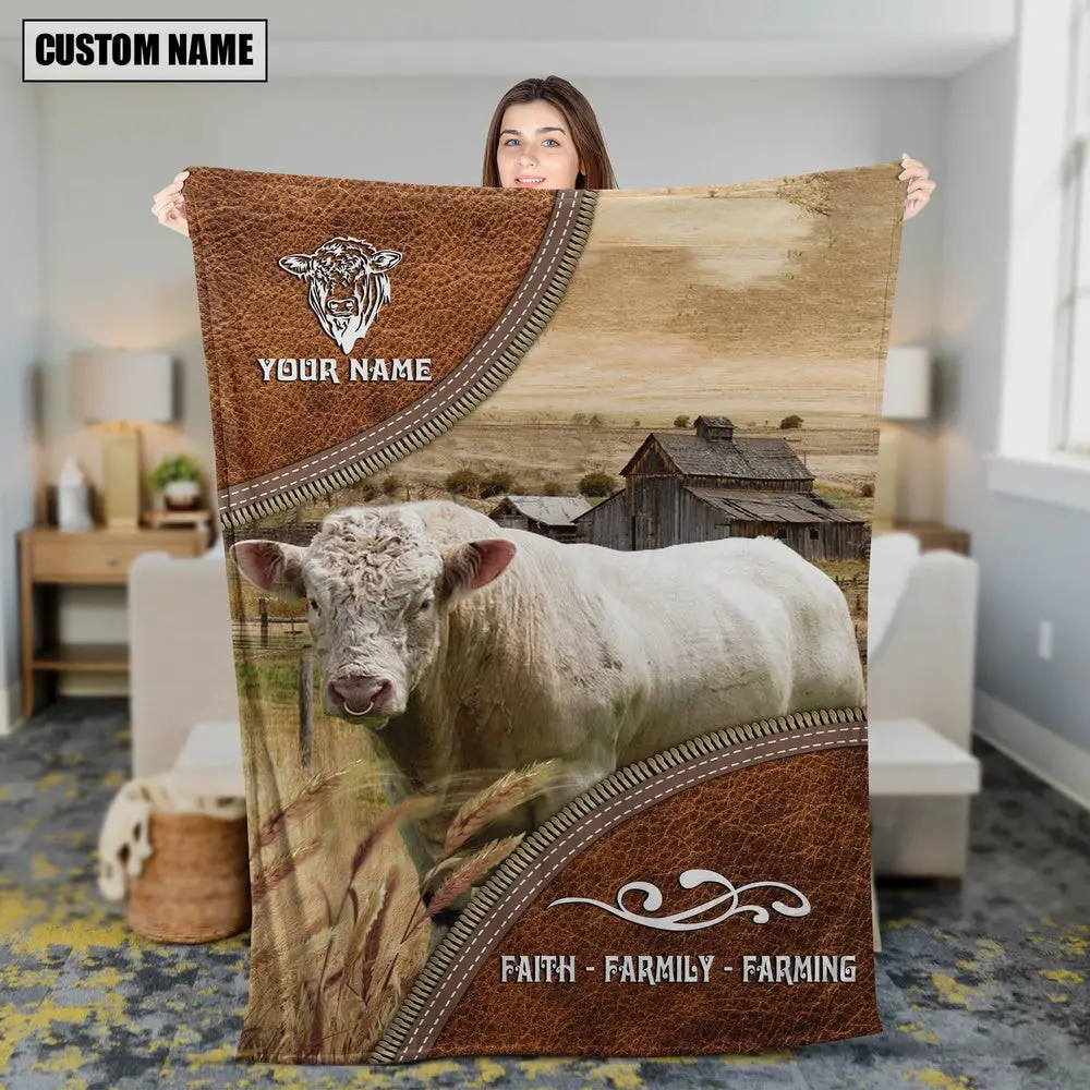 Personalized Name Charolais Bull Faith Family Farming Blanket Best Gifts For Farmers