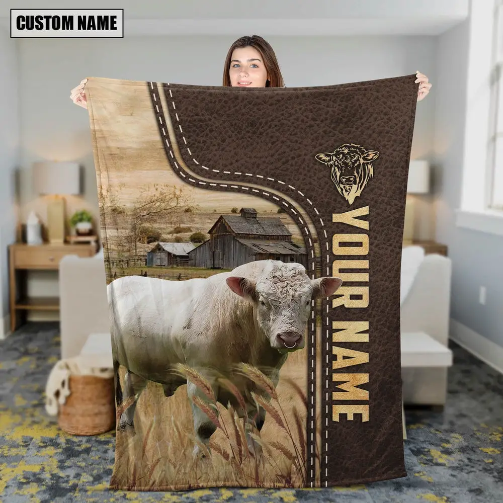 Personalized Name Charolais Bull Leather Pattern Blanket Best Gifts For Farmers