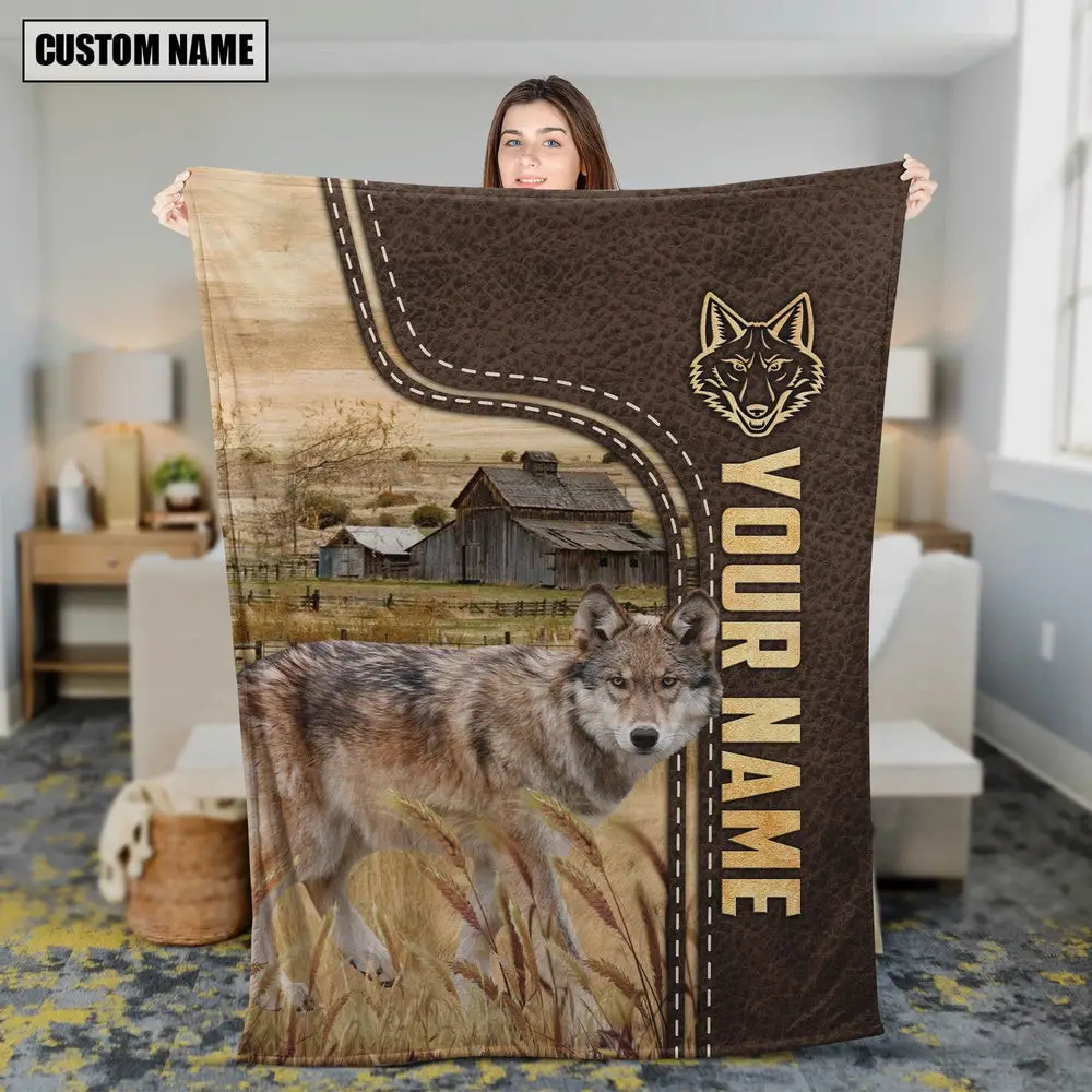Personalized Name Coyotes Leather Pattern Blanket Farm Blanket Best Gifts For Farmers
